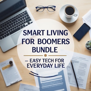 Könnte beinhalten: Draufsicht auf einen Holztisch mit Laptop, Brille, Smartphone, Kaffeetasse und Dokumenten. Der Text auf dem Bild lautet: "SMART LIVING FOR BOOMERS BUNDLE - EASY TECH FOR EVERYDAY LIFE".
