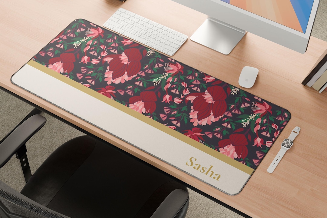 Personalized Wild Fuchsia Porcelain Desk Mat | Custom Name Dark Floral ...