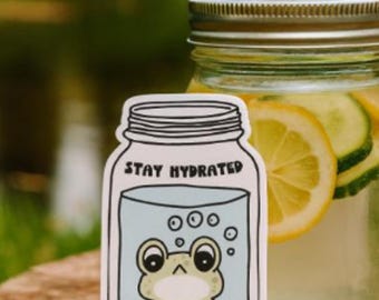 Stay Hydrated Frog Vinyl Sticker – Cute Amphibian Matte Waterproof Sticker for Water Bottles, Laptops, Journals, and Self-Care Gifts