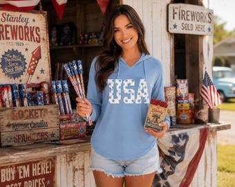 USA Blue Patriotic Hoodie, Distressed Stars Pullover, Fourth of July Sweatshirt, Cozy Americana Farmhouse Top