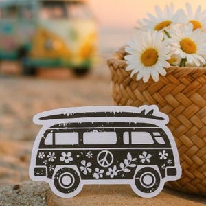 Hippie Surf Van Vinyl Sticker – Retro Matte Waterproof Flower Power Van-life Decal for Laptops, Water Bottles, Journals & Beach Lovers