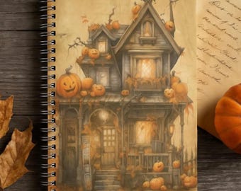 Diario de Halloween de la casa embrujada: Cuaderno espiral de calabaza de 6 x 8 pulgadas