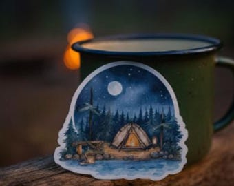 Summer Camping Vinyl Sticker – Peaceful Tent in the Woods Matte Waterproof Decal for Water Bottles, Coolers, Journals & Outdoor Gifts