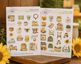 Honey Garden Cottage-core Sticker Set | 2 Sheets Matte Vinyl Planner, Journal & Scrapbook Stickers | Bees, Honey, Nature