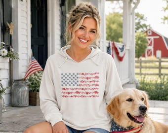 Floral American Flag Hoodie, Patriotic Flower Sweatshirt, Cottage-core USA Pullover, 4th of July Cozy Farmhouse Top