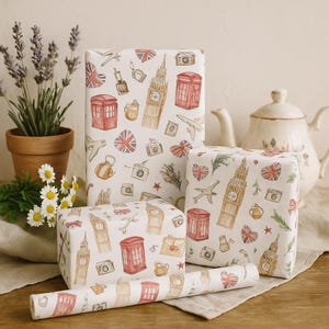 Vacation in England Wrapping Paper Roll | British Travel Gift Wrap | Big Ben, Tea & Phone Booth Print | 29.25&quot;x84&quot; or 29.25&quot;x213 in Roll
