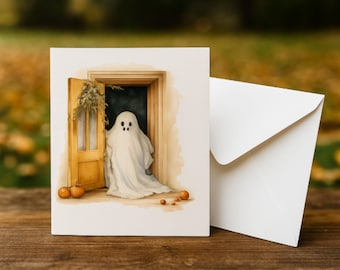Ghostly Fall Note Cards Pack of 10 • Blank 4.25x5.5 with Envelopes • Spooky Cute Halloween/Autumn Stationery • 111lb Matte