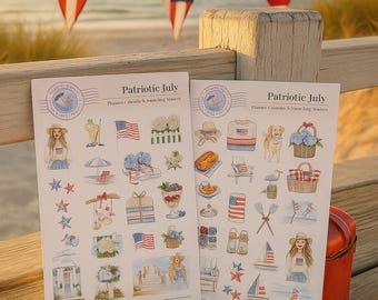 Patriotic July Sticker Sheets – 2-Page Set for Journals, Planners & Calendars | Cute Cottagecore Summer Stickers | Weatherproof Vinyl