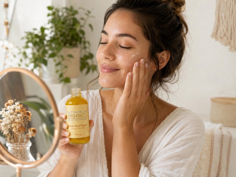 May include: A woman applying skincare product. She holds a yellow bottle of "BUTTER ME UP ORGANICS" serum, with the text "Super Active Fig Serum" visible. The bottle is 4 fl oz. The woman is wearing a white top, with a mirror and plants in the background.