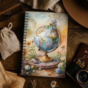 Könnte beinhalten: Spiralgebundenes Notizbuch mit einer Aquarellillustration eines Globus, umgeben von Blumen. Der Globus steht auf einem Sockel mit goldfarbenem Fuß. Das Notizbuchcover hat eine weiche, künstlerische Ästhetik mit Vintage-Reise-Thema.