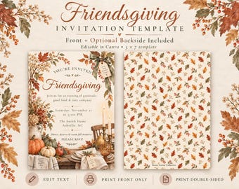 Editable Friendsgiving Invitation, Two-Sided 5x7 Canva Template, Vintage Fall Dinner Party