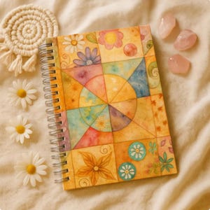 May include: A spiral-bound notebook with a colorful, geometric watercolor design. The cover features a patchwork of floral and abstract patterns in shades of yellow, orange, blue, and pink. The image also includes daisies, a macrame coaster, and rose quartz crystals.