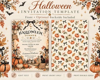 Halloween Dinner Invitation Template, 5x7 Editable Canva Invite, Vintage Watercolor Digital Download