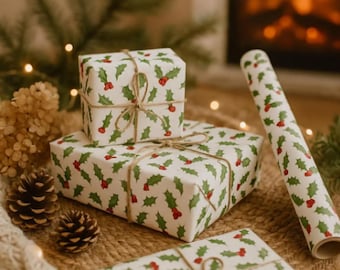 Vintage Christmas Holly Berry Wrapping Paper: Red & Green Botanical Print