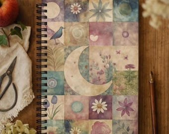 Purple Patchwork Journal: Moon & Floral Spiral Notebook, Cottagecore Stationery Gift