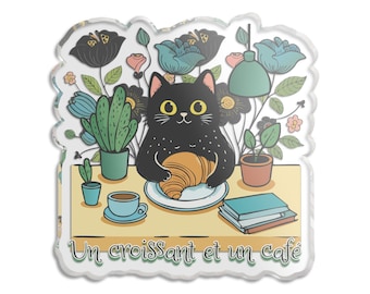 Estatua acrílica de un gato negro con un cruasán y un café / Ilustración de un café francés