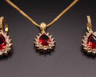 Black,Ruby, Emerald Teardrop Necklace & Earring Set 18k Gold Plated Bridal Jewelry