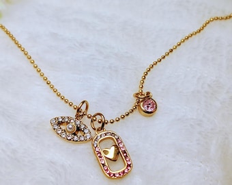 Dainty Gold Charm Necklace with Evil Eye and Heart, Stainless Steel PVD Gold Jewelry, Nickel Free Lead Free Waterproof Necklace