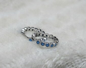 925 Sterling Silver Blue Dotted Enamel Hoop Earrings, Small Silver Hoops, Minimalist Everyday Earrings, Lightweight Hoop Earrings, Gift her