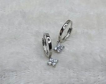 925 Sterling Silver Flower Hoop Earrings, CZ Dangle Huggie Earrings, Floral Silver Hoops, Dainty Everyday Earrings, Gift for Her