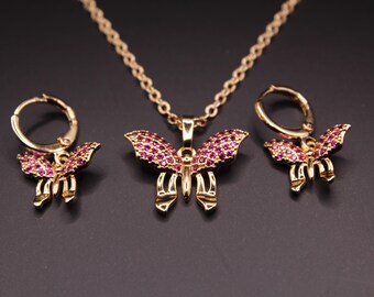 Butterfly necklace with earrings - Balck Pink Purple