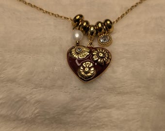 Enamel Heart Necklace, Non-Tarnish Stainless Steel Pearl & Crystal Slider Charm Choker, Nickel and Led free| Romantic Coquette Aesthetic