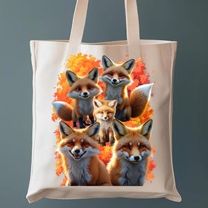 Fox Faces Tote Bag: Animated Print, Autumnal Canvas Bag,Fox Lover Gifted,Trendy Canva Bag