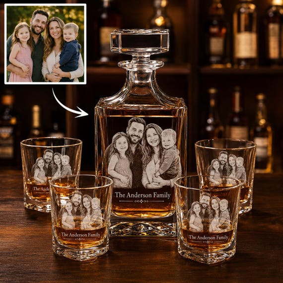 A family photo laser-engraved directly onto a crystal decanter is genuinely unexpected — turning a bar staple into a one-of-a-kind heirloom.