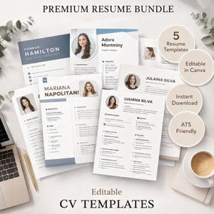 May include: A premium resume bundle featuring five editable CV templates in Canva. The documents include placeholders for names like Connor Hamilton, Adora Montminy, Mariana Napolitani, Julaina Silva, and Luuank Silva, with circular headshot frames.