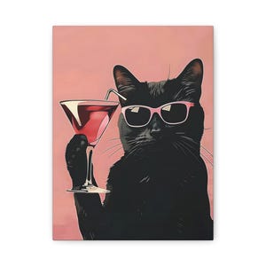 Chic Cat Art Canvas, Cool Cat Wall Decor, Feline Home Aesthetic, Cat Lover Gift, Pet-Themed Wall Art, Pink Cat Lounge Art