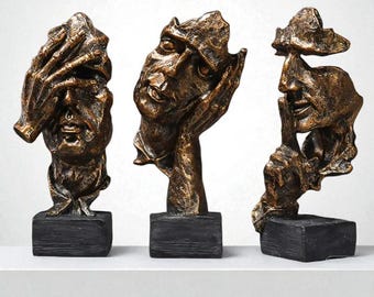 Set mit 3 abstrakten Gesichtsstatuen – Moderne Harzskulpturen in Schwarz und Bronze für Wohnzimmer, Büro, Bücherregal-Dekor und Geschenkidee