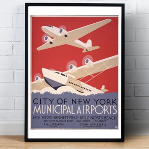 New York Travel Poster, Vintage WPA Poster Art Print, Retro Artwork Wall Decor, Airplane Prints Collectible