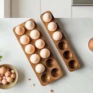 May include: Two wooden egg holders with circular indentations are on a white surface. One holder is filled with eggs. A small bowl of eggs and a single egg in a glass cup are also present. The scene is top-down.