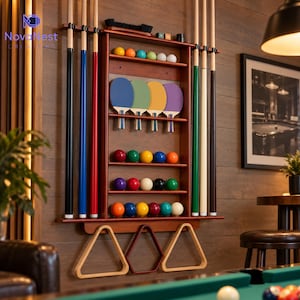 May include: A wall-mounted wooden game rack featuring vertical slots for six pool cues, three triangular ball racks, and multiple shelves holding four table tennis paddles in blue, green, yellow, and purple, along with rows of colorful billiard balls.