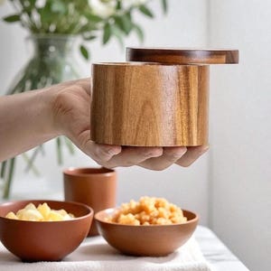 Rustic Wooden Salt Cellar with Lid: Kitchen Spice & Herb Container