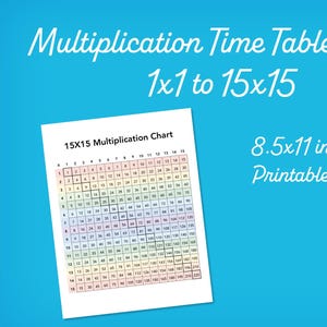 May include: A multiplication time table chart from 1x1 to 15x15 on a white sheet with a rainbow gradient grid. The text reads Multiplication Time Table Chart 1x1 to 15x15, 8.5x11 in Printable PDF, and a yellow circle says Instant Download.