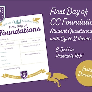 May include: Printable PDF student questionnaire with a Cycle 2 theme. The worksheet is 8.5x11 inches and features fill-in-the-blank sections for personal information and favorites. Includes a purple background with gold accents and text.