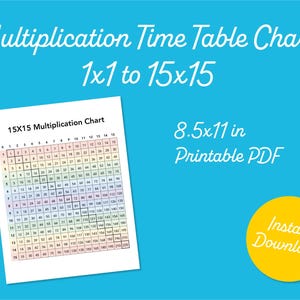 May include: A multiplication time table chart, 1x1 to 15x15, on an 8.5x11 inch printable PDF. The chart is a colorful grid with numbers. The words "Instant Download" are on a yellow circle.