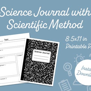 May include: A science journal with a black and white composition notebook cover and a blank worksheet. The journal is 8.5x11 inches and includes the scientific method. The text says "Science Journal with Scientific Method".