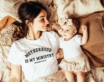 Motherhood Is My Ministry Shirt | Proverbs 31:25-27 | Christian Mom T-Shirt | Faith-Based Bella+Canvas Tee | 20 Colors