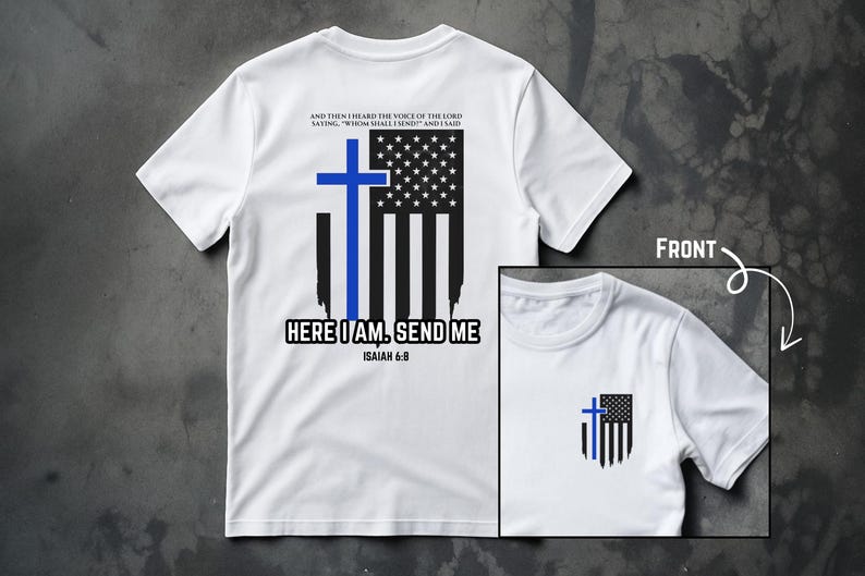 Polizei T-Shirt | "Hier bin ich, sende mir" | dünnes blaues Linien-Kreuz-T-Shirt | Jesaja 6: 8 Schrift Shirt für Offiziere Bild 1