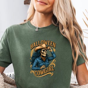 Halloween Skeleton Cowgirl Comfort Colors T-Shirt: Retro Western Graphic Tee