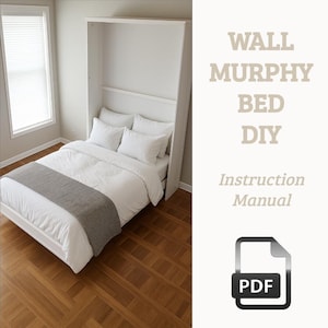 Könnte beinhalten: Ein weißes, an der Wand befestigtes Murphy-Bett mit weißer Bettwäsche, einschließlich Kissen und einer Decke. Das Bett ist geöffnet und einsatzbereit. Das Bild enthält den Text "WALL MURPHY BED DIY Instruction Manual" und ein PDF-Symbol.
