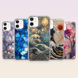 May include: A collection of five phone cases with stained glass designs. The cases feature various artistic patterns, including floral, geometric, and wave motifs. The color palette includes blues, purples, and gold, creating a vibrant and decorative aesthetic.