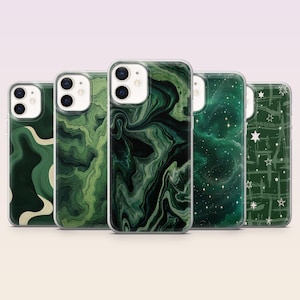 May include: A collection of five phone cases with various green designs. The cases feature patterns such as swirling marble, abstract lines, a starry night, and a grid with stars. Each case has a clear border.