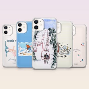 Może przedstawiać: Kolekcja pięciu etui na telefony z zimowymi ilustracjami. Projekty obejmują narciarzy, wyciągi narciarskie oraz napisy "Après-Ski" i "Switzerland". Etui mają różne kolory, w tym niebieski, biały i różowy.