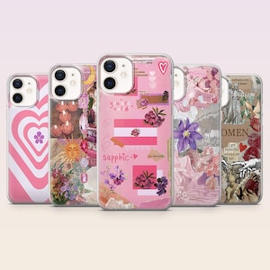 Puede incluir: Una colección de cinco fundas para teléfono con varios diseños. Las fundas presentan patrones de corazones rosas y blancos, arreglos florales y collages con texto. Una funda tiene la palabra "Sapphic" y un diseño de bandera.
