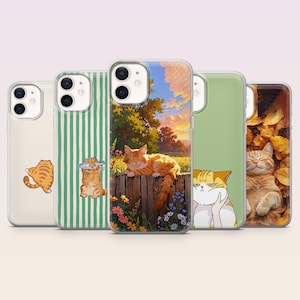 May include: Five phone cases with cat illustrations. Designs include a ginger cat on a fence, a cat with a fish, and a cat in autumn leaves. The cases have clear or coloured backgrounds. The cases are designed for a mobile phone.