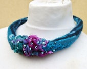 Felt necklace, dread, scarf, felt, art, pink, turquoise, blue, purple, silk, merino wool, nunofelt