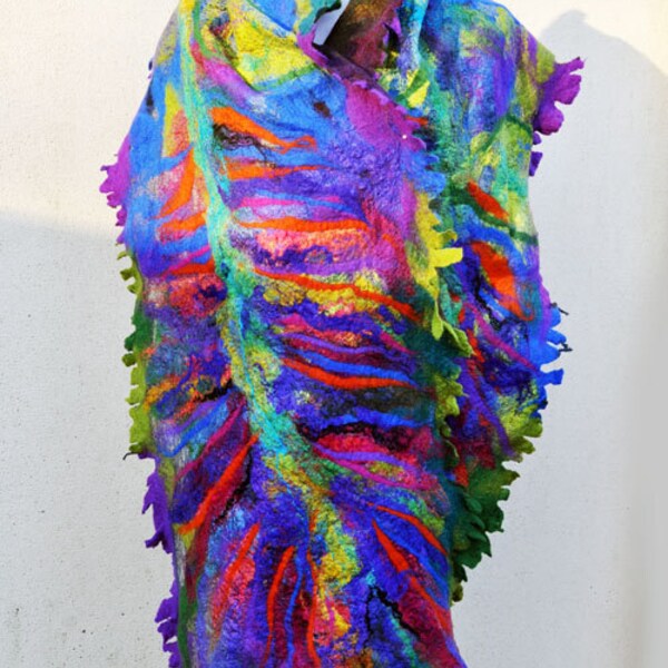 Felted shawl silk, wool, nuno, felted, gift, fibre art, pink, purple, blue, red, green, black, turquoise